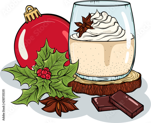 Winter Christmas composition with glass of eggnog or latte with whipped cream on wooden coaster, red tree ball, holly, chocolate. Simple vector color illustration in hand drawn style isolated on white
