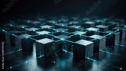 Connected metallic cubes forming a network grid on a dark electronic circuit board surface with cubes interconnected glowing lines textured electronic data