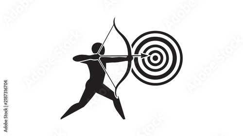 Archer silhouette aims a bow and arrow directly at a target board on a white background.