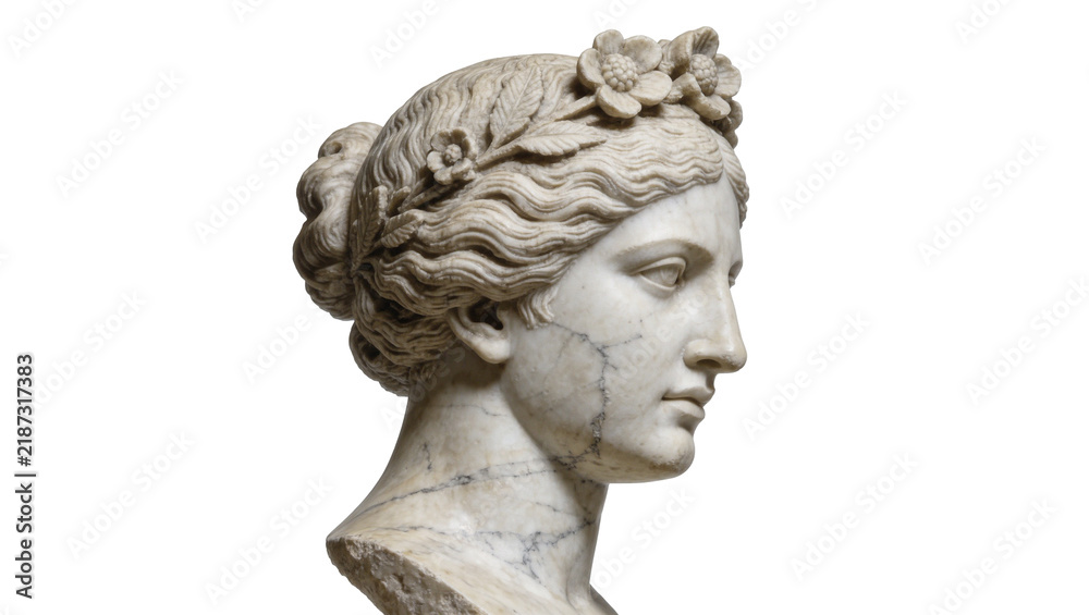 Fototapeta premium Marble bust of a woman with a floral wreath, isolated on transparent background
