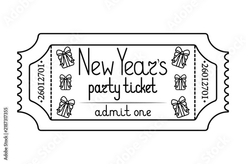 New Year party ticket admit one. Gift boxes. Sketch. Handwritten lettering. Vector illustration. Tear-off ticket with a serial number. Outline on an isolated white background. Doodle style. Coloring 