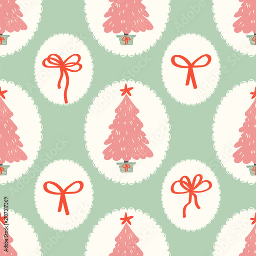 Christmas seamless pattern background with pink trees and red bows in a vintage style.