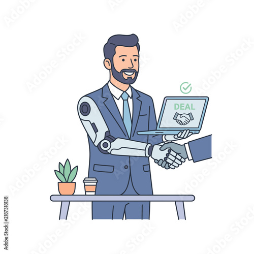 Man and robot shake hands over laptop with deal confirmation