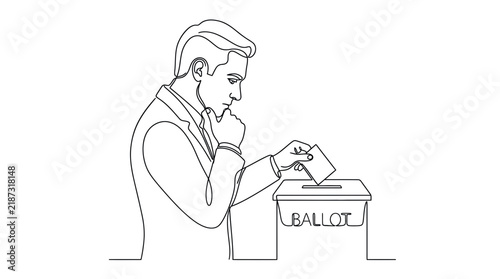 Man casting vote in ballot box, single line drawing