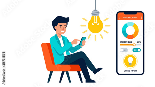 Man controls smart home lighting via smartphone app