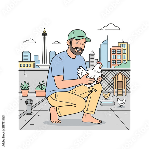 Man Cuddling Chicken on Rooftop Garden with Cityscape