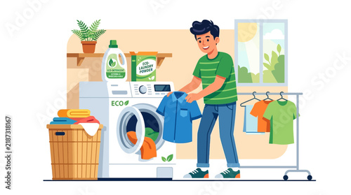 Man doing laundry with eco-friendly detergent