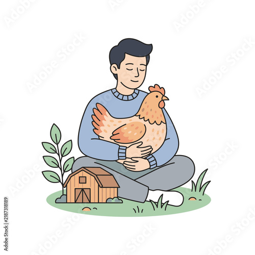 Man holding chicken with barn and plants, peaceful farm life
