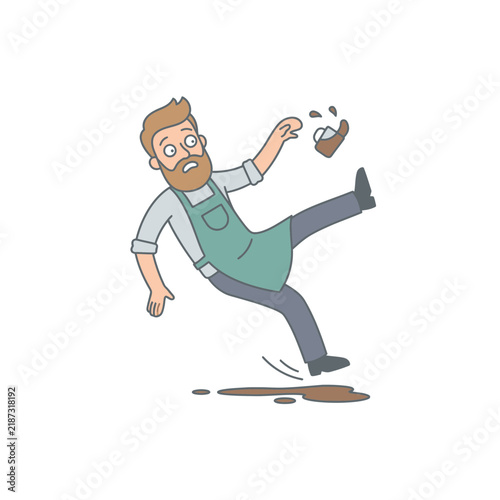 Man in Apron Slipping and Spilling Coffee