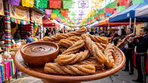 Fried Churros with Rich Chocolate Dipping Sauce at a Vibrant Outdoor Festival
