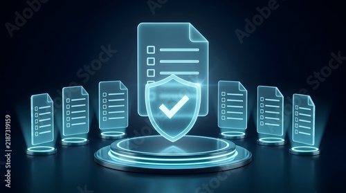 Digital security shield with checklist icons on dark background