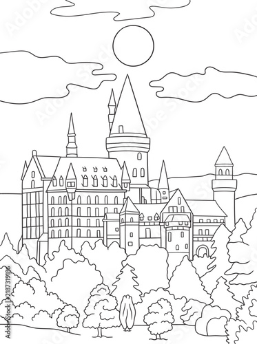 Magical fairytale castle with towers, bridge, and clouds vector line art illustration. Enchanted medieval palace landscape, perfect for fantasy coloring book pages for kids and adults.