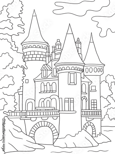 Magical fairytale castle with towers, bridge, and clouds vector line art illustration. Enchanted medieval palace landscape, perfect for fantasy coloring book pages for kids and adults.