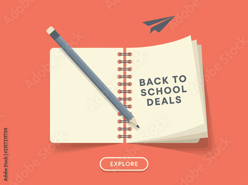Back to School Deals notebook illustration with pencil and paper plane vector design.