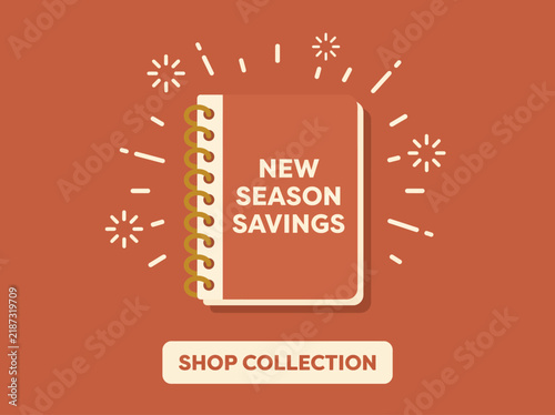 New Season Savings notebook illustration with shop collection button for retail marketing.