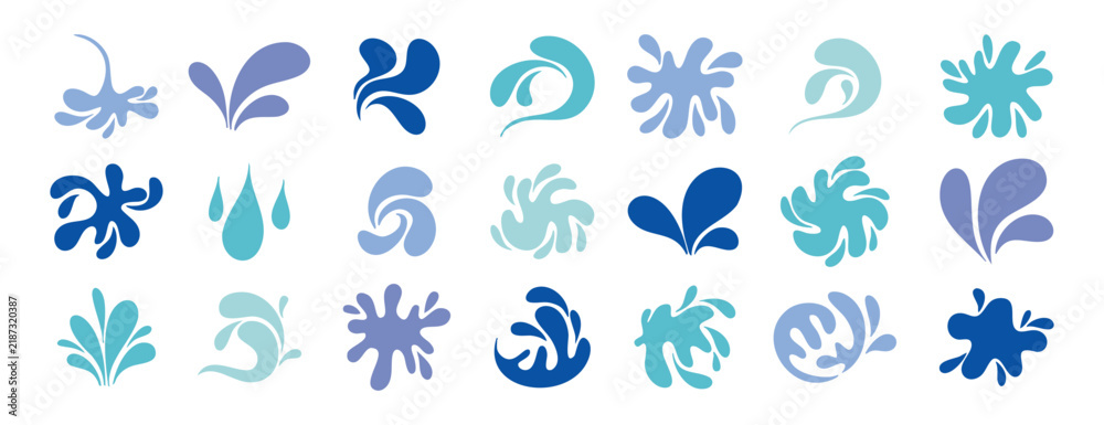 Fototapeta premium Blue watercolor doodle drops and splashes with fluid shapes hand drawn