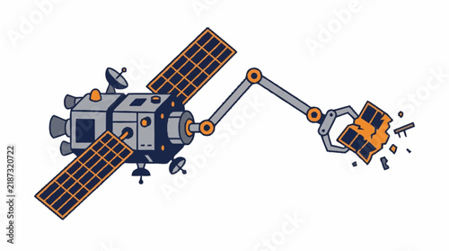 A satellite cleaning up space debris with robotic arm