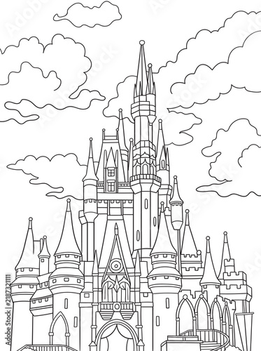 Magical fairytale castle with towers, bridge, and clouds vector line art illustration. Enchanted medieval palace landscape, perfect for fantasy coloring book pages for kids and adults.