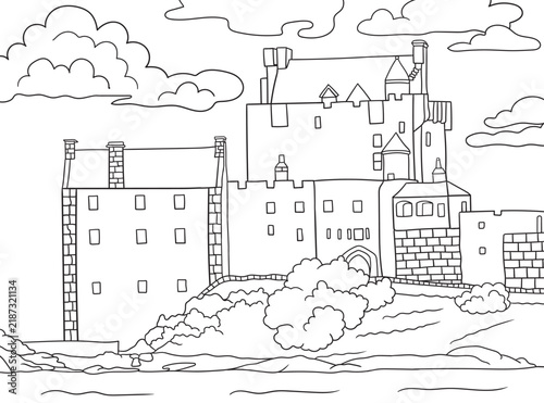 Magical fairytale castle with towers, bridge, and clouds vector line art illustration. Enchanted medieval palace landscape, perfect for fantasy coloring book pages for kids and adults.