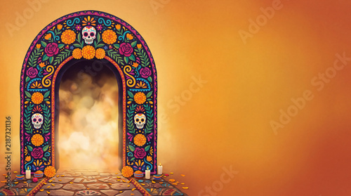 Sugar Skull Archway Threshold, Day of the Dead Floral Background with Copy Space for Text