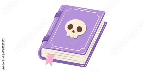 Foto Purple spellbook with skull decoration and pink bookmark.