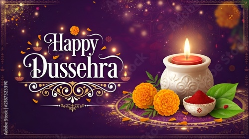 appy Dussehra. Yellow flowers, green leaf and rice on purple pastel background. Dussehra Indian Festival