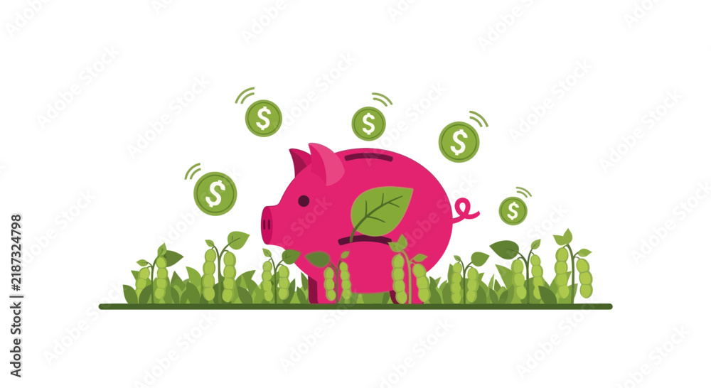 Obraz premium Green Investment Concept: Pink Piggy Bank with Money and Plants