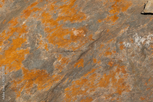 Konstfotografi superficie rocciosa naturale, grigia e marrone, con macchie di lichene arancione