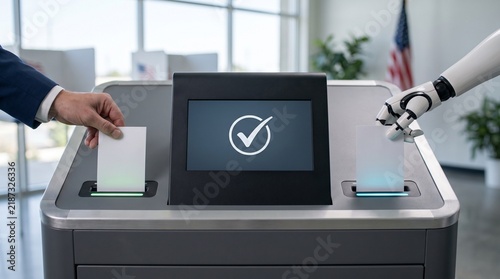Plakat w ramie Electronic voting machine concept featuring human and robot hands inserting ballots representing artificial intelligence in future elections