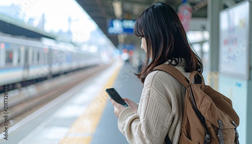 Tapety artystyczne 駅のホームで電車を待つ旅行中の女性