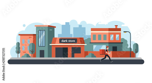 Flat Vector Illustration of Urban Dark Store Fulfillment Center with Delivery Courier Running, Concept for E-commerce Logistics and Last-mile Delivery