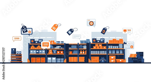 Modern Warehouse Inventory and Logistics Management Illustration with Price Tags