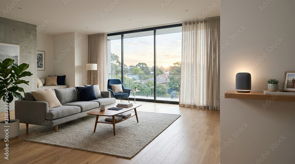 Fototapeta premium Modern Minimalist Living Room with Smart Speaker and Sunset View