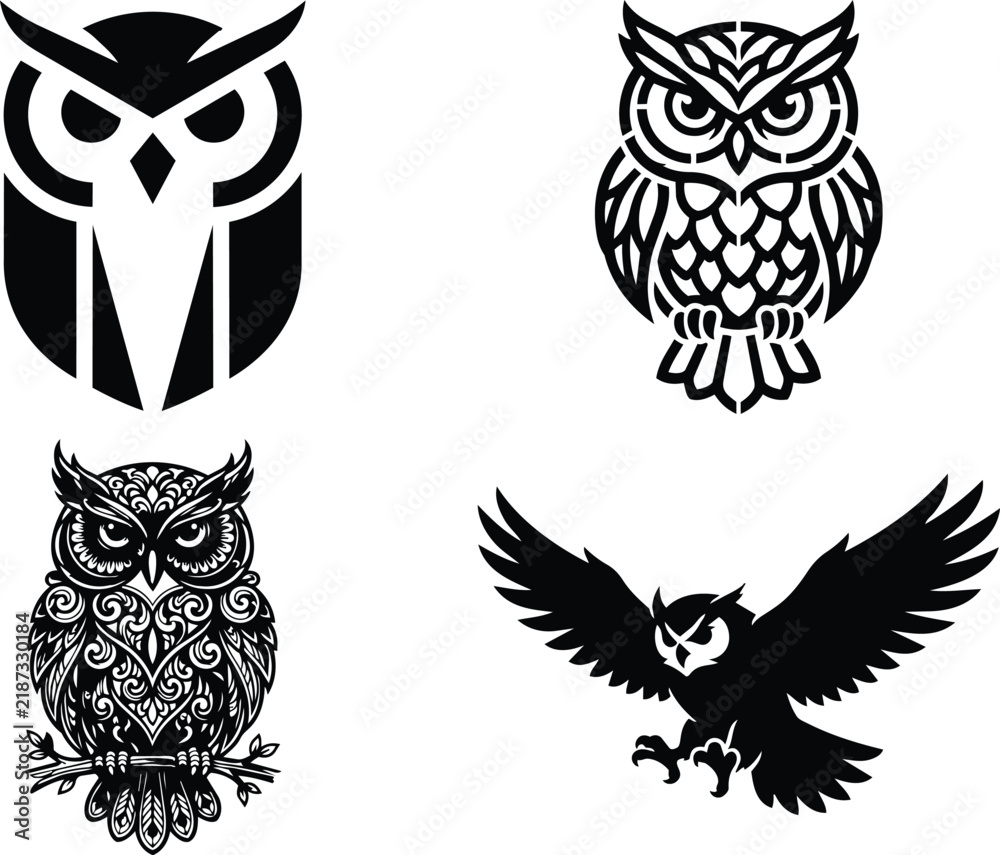 Fototapeta premium Owl Logo Set, Minimalist and Decorative Vector Icons