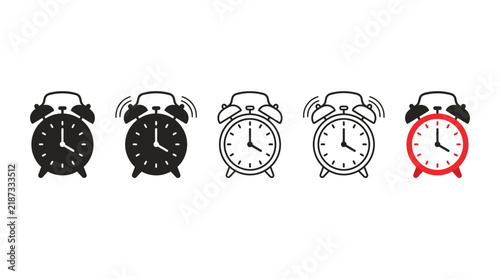 Collection of simple alarm clock icons featuring varied outline styles and bold flat red colors