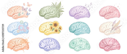 Human brain mental health icon set watercolor illustrations depicting psychology concepts, emotional states, neuroscience, intelligence, thoughts, stress, creativity, and memory isolated on black.