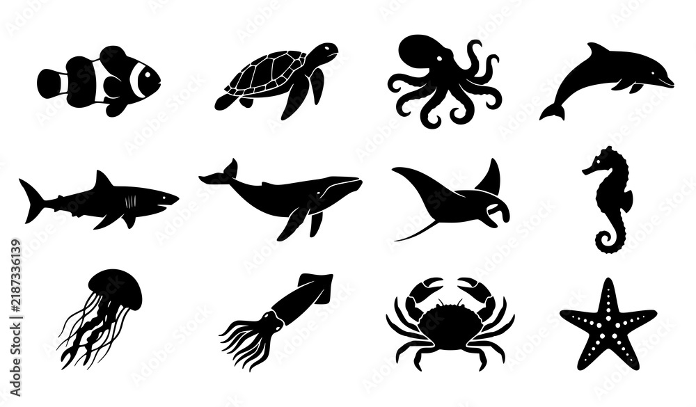 Fototapeta premium Marine Life Icons Set with Ocean Animals, Sea Creatures Featuring Underwater