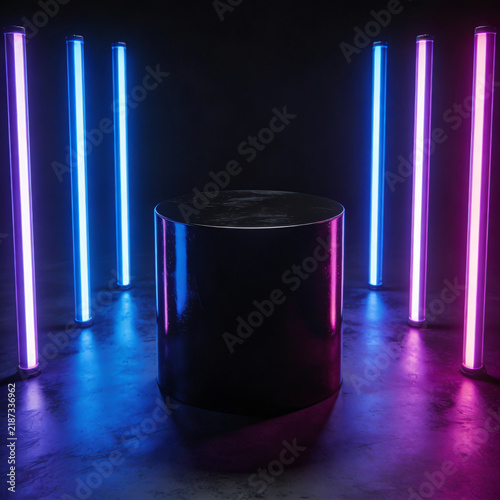 Minimal dark display concept. Black empty podiums on dark black background with abstract neon lights