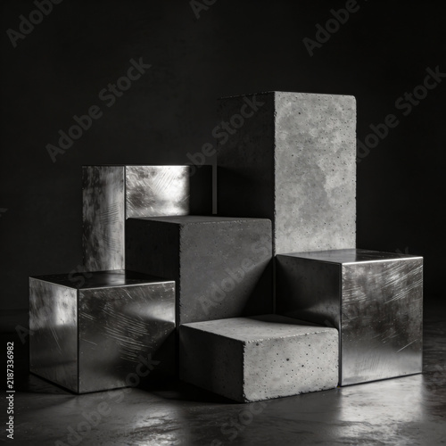 Image, photography, natural textures, highly realistic light, editorial, several columns podium black stone.