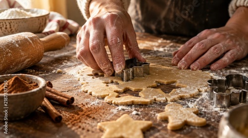 Close Up of Hands Baking Holiday Cookies on Rustic Wooden Countertop