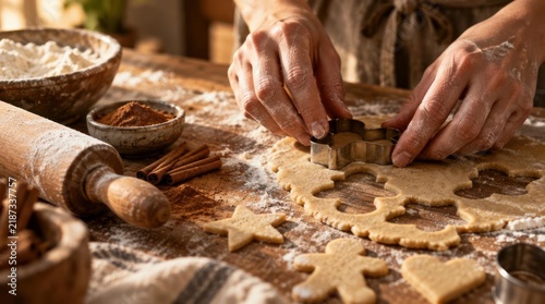 Close up of hands cutting dough with cookie cutters on a rustic wooden table with baking ingredients. Concept of holiday baking, seasonal recipes, and homemade desserts