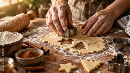 Close up of hands cutting dough with cookie cutters on a rustic wooden table with baking ingredients. Concept of holiday baking, seasonal recipes, and homemade desserts