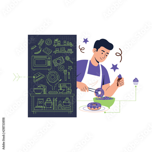 Baker preparing fresh donuts in a kitchen with various tools and professional supplies.