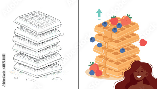 Woman enjoying a stack of waffles with fresh berries and syrup pouring over the top.