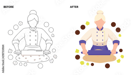 Chef rolling out dough on a kitchen counter with various shapes surrounding the workspace.