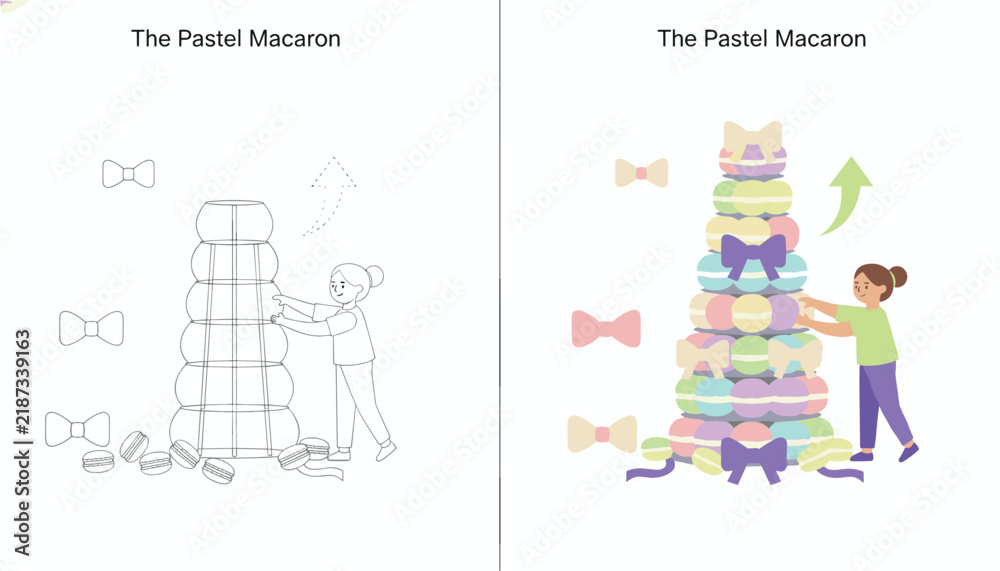 Fototapeta premium Pastry chef building a tall pastel macaron tower with ribbons and decorative bows in a professional baking kitchen setting.