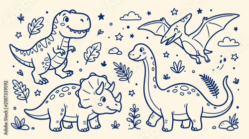 Foto Cute Dinosaur Cartoon Illustration with Tyrannosaurus Rex Triceratops Brontosaur
