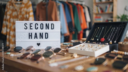 Second hand shop display with jewelry and glasses