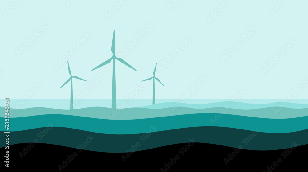 Fototapeta premium Minimalist illustration of offshore wind turbines standing in the ocean under a clear sky.