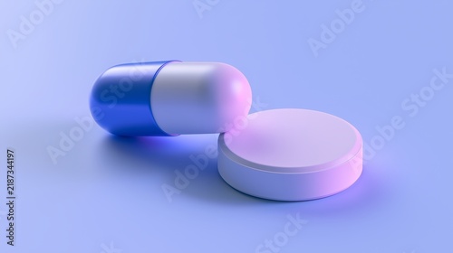 3D Pharmaceutical Capsule and Round Tablet on Pastel Blue Background